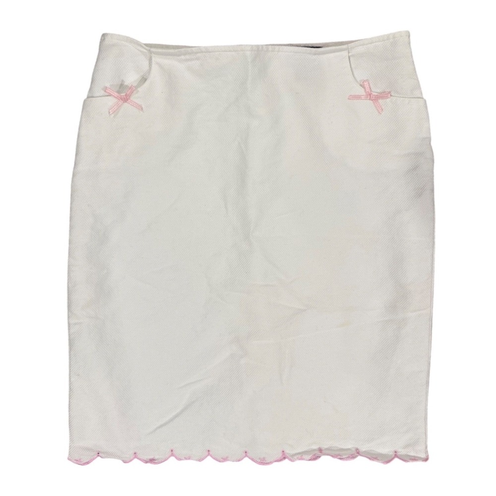 Pierre Cardin Vintage White Cotton Skirt Pink Bow Scalloped Hem Size 12 Coquette